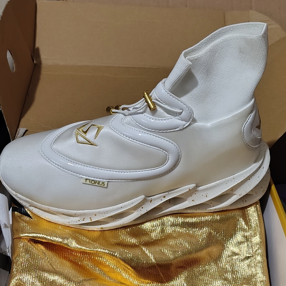 White High-Top Sneakers with Gold Accents